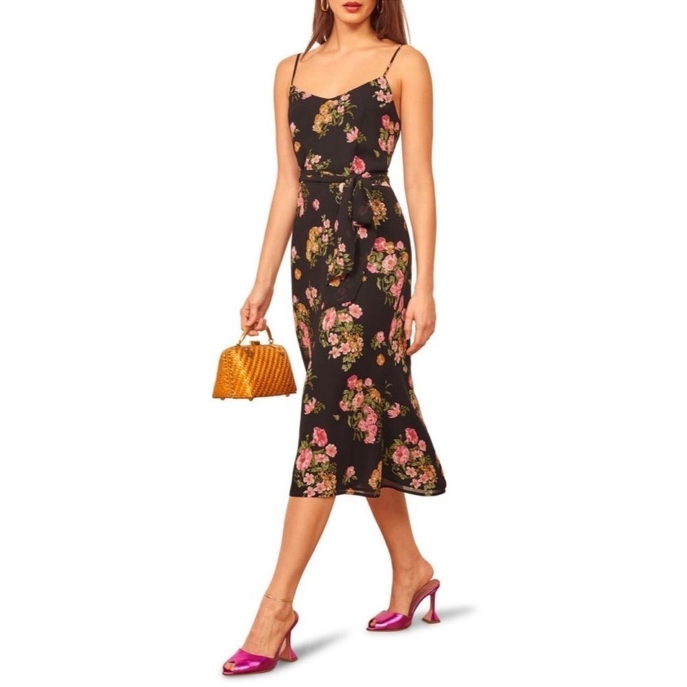 REFORMATION Watson Black Floral Midi Slip Dress Garden‎ Party Euro Summer Size 0